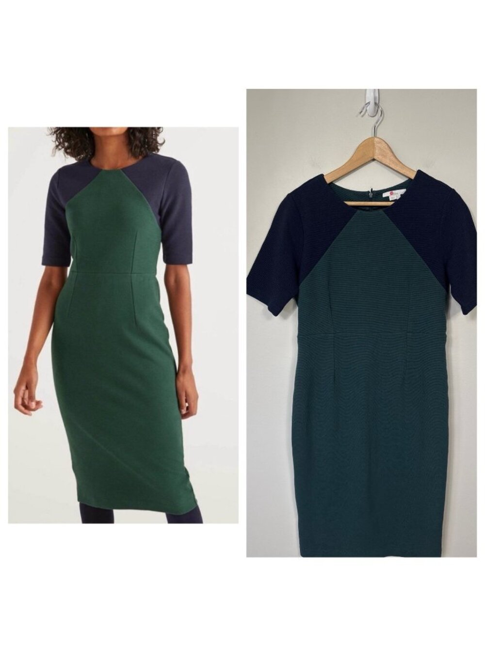 Boden Poppy Ottoman Dress Green Navy Ponte 10 Petite  Office Teacher Classic